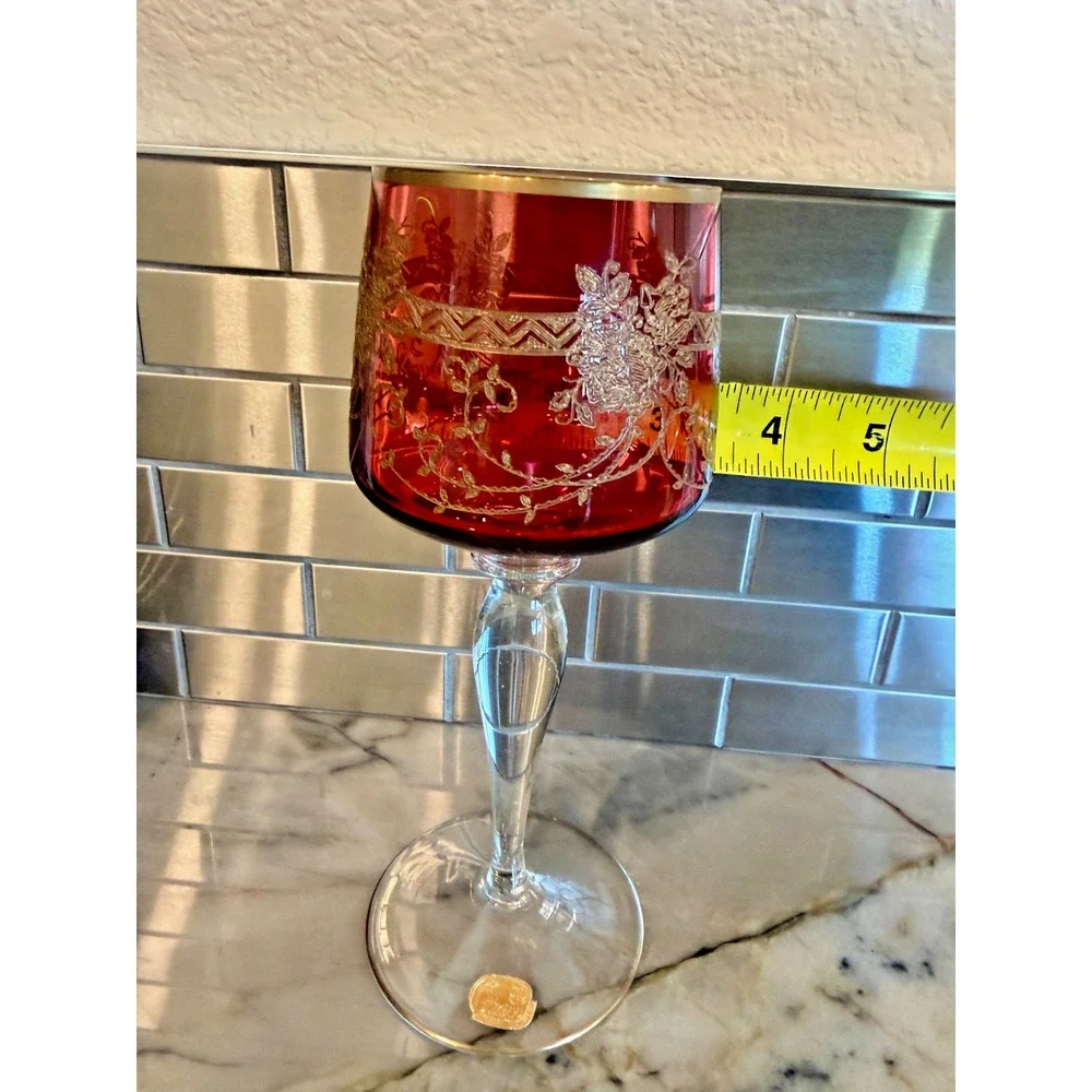 Antique Bohemian Cordial Glass Cranberry Etched Gold Gilt Czech Stemware 7.5
